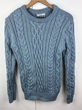 WoolOvers 100% Wool Aran Cable Knit Crew Neck Sweater Light Blue Mens Medium